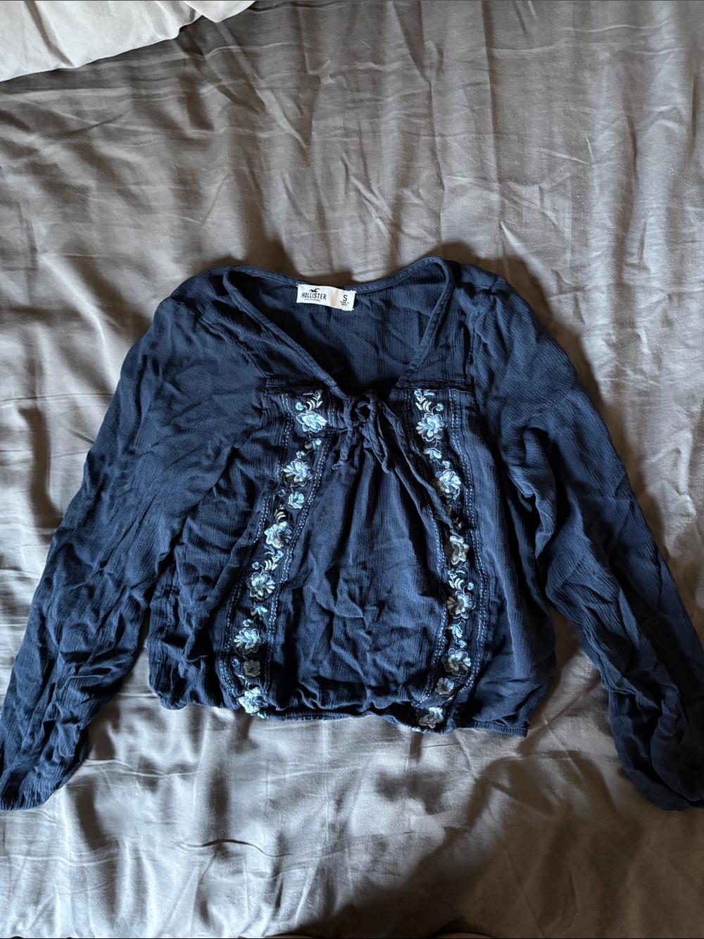 Hollister Navy Blue Embroidered Tie-Front Blouse